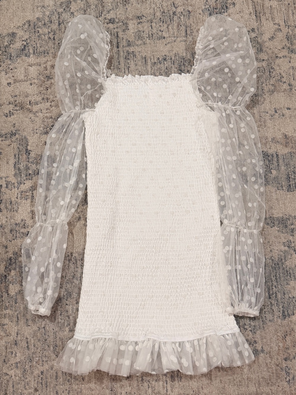 Love Song White Polka Dot Mesh Sleeve Smocked Mini Dress